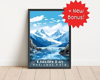 Plakat z Parku Narodowego Glacier Bay: Sztuka podróży retro po Alasce (pobranie cyfrowe)