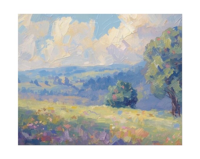 Impressionist Pastoral Landscape Rolled Poster | Meadow, Trees, Sky
