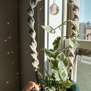 May include: A macrame plant hanger with a crystal ball hanging from it. The hanger is made of natural rope and is holding a potted plant with green and white leaves.