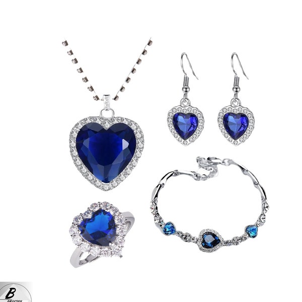 Titanic Heart of Ocean Blue Heart Love Jewelry Set, Titanic Heart Necklace, Titanic Jewelry Set, Blue Crystal Necklace, Heart Necklace, Sets