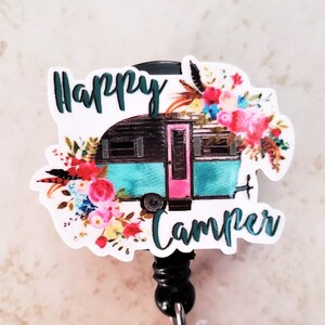 Bobine d'insigne Happy Camper | Cadeau | Badge d'identification | Bobine de badge Breakaway pour lanière | Bobines de badges | ID du stéthoscope | Identifiants du personnel | Extérieur | Camper