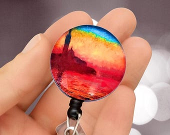 Beach Sunset Retractable Badge Reel, Breakaway Lanyard, MRI Safe Badge