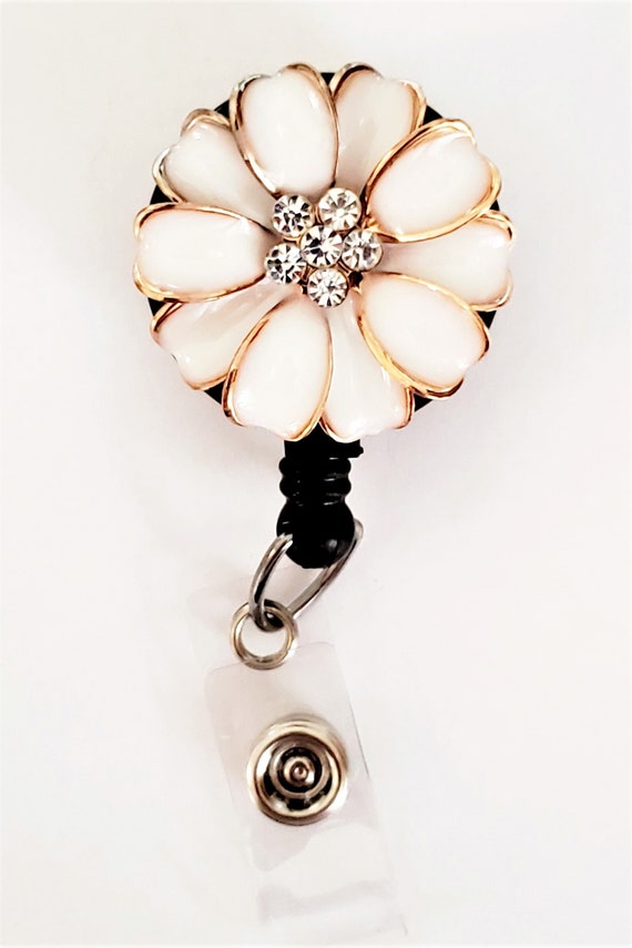Personalized Initial Badge Holder With Lanyard - Flower Print Retractable Reel, Breakaway Clasp (Letter E) - View #5