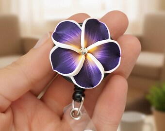 Plumeria Badge Reel: Polymer Clay Flower, Nurse/Teacher ID