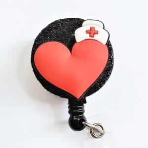 Heart & Nurse Cap Badge Reel: Glitter Accent, Breakaway Lanyard Option