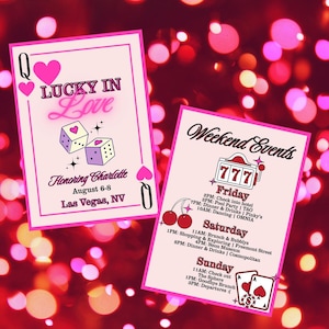 Convite e itinerário editáveis para despedida de solteira com tema Lucky In Love ou cartas de baralho para chá de panela em Las Vegas