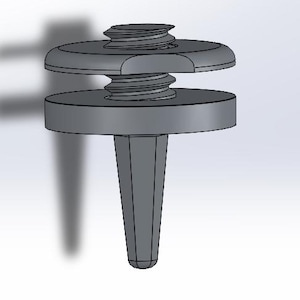 May include: A gray plastic screw-in fastener with a pointed tip and a circular base. The base has a threaded center and a raised lip around the edge.