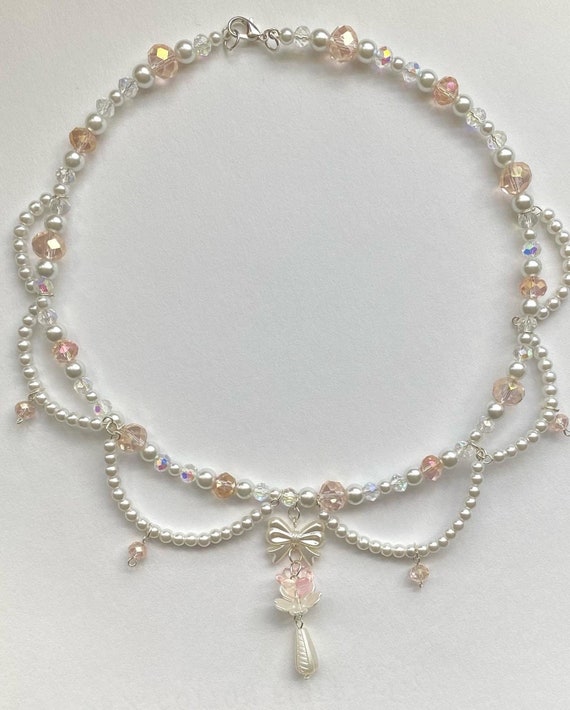 Handmade, Pearls, Pink and White Glass Beads Coquette Necklace