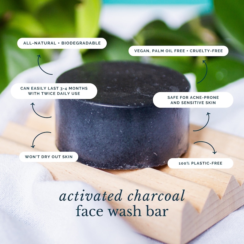 Activated Charcoal Solid Face Wash Soap Bar for All Skin Types | Zero Waste, Plastic Free, Vegan, Palm Oil Free, Cruelty Free