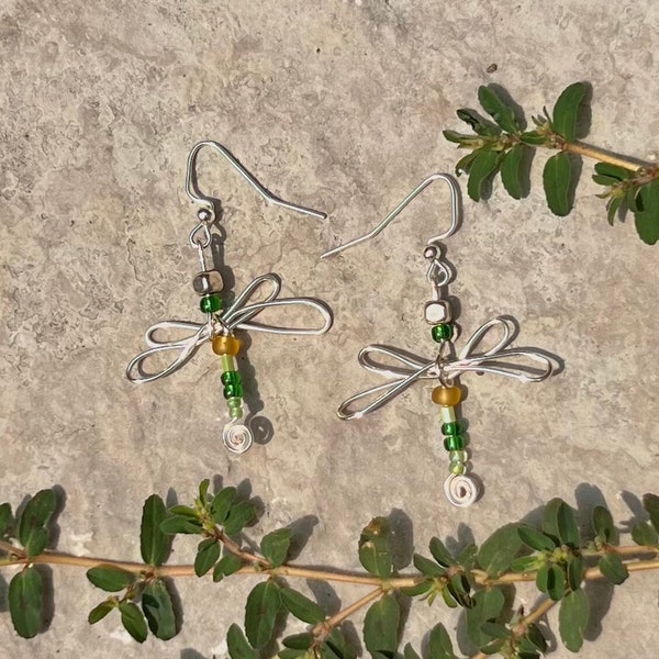 Viridescent Dragonfly- Dangly Wire Earrings