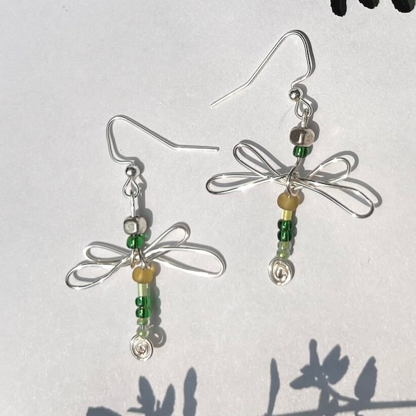 Viridescent Dragonfly- Dangly Wire Earrings