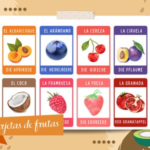 Educational fruit cards for kids | Printable German and Spanish cards | Montessori Fruit Cards | Fruit Flashcard | Fruit game