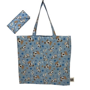Bark, woof. Folding shopping bag with large pocket. Reuseable tote bag / Travel bag / Project bag. Cute dog bag. Cute puppy bag.