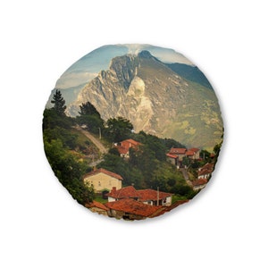 Mountain Village, Mountain Road, Tufted Floor Pillow, Meditation Pillow, Round Featuring the Picos de Europa in Spain