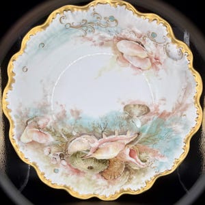 Könnte beinhalten: Eine weiße Porzellanschale mit einem goldfarbenen, gewellten Rand. Das Innere zeigt eine handgemalte Szene mit verschiedenen Muscheln, Korallen und Seeigeln in sanften Rosa-, Grün- und Brauntönen, akzentuiert durch feine Goldverzierungen.