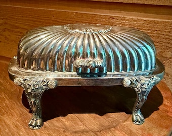 Vintage Silver Plate Covered Butter Dish with original glass insert, Art Deco Lion Paw Footed Butter Server, Elegant Table Decor, Cottage