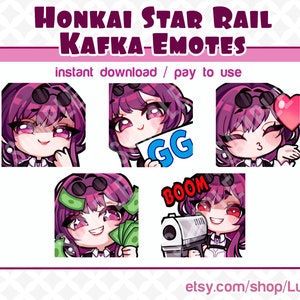 Puede incluir: Cinco ilustraciones digitales de un personaje de anime de pelo morado con diferentes expresiones. El personaje lleva una camisa blanca, pantalones negros y gafas de sol. Las ilustraciones incluyen al personaje dando un pulgar hacia arriba, sosteniendo un cartel que dice "GG", lanzando un beso, sosteniendo dinero y sosteniendo una pistola con la palabra "BOOM" sobre su cabeza.