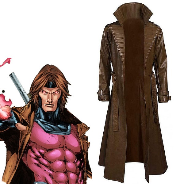 Handmade X-Men Gambit Cosplay Brown Leather Trench Coat, Channing Tatum Cosplay Costume, Men's X-Men Brown Long Trench Coat