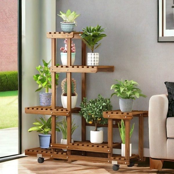 3 Ft Rolling Plant Stand Wooden Multi-Layer Flower Pot Holder Display Shelf Home Garden, Home Livingroom Decorations, Housewarming Gifts,