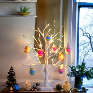 24 Inch Lighted Spring Easter White Brich Tree, 24 LED Battery Desktop Decor Artifical Tree For Indoor Home Room -Comes With 8 Easter Eggs