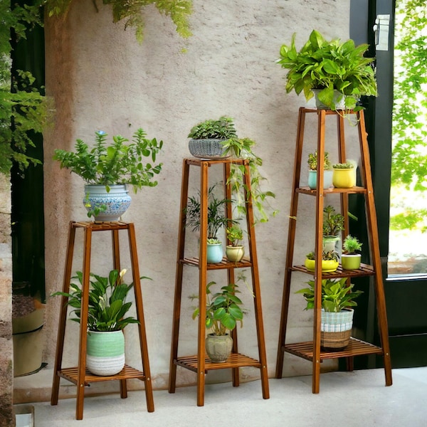 30"/38"/46" Tall Bamboo Plant Stand Flower Pot Display Shelf Rack Indoor Outdoor Outside Decoration Garden Decor Housewarming Shelf Gifts