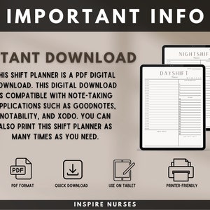 May include: Two digital tablets showing shift planner templates. The text on the tablets reads "Dayshift" and "Nightshift". The image also includes icons for PDF format, quick download, tablet use, and printer-friendly. Text at the top says "Important Info".