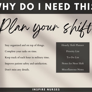 May include: A beige and black graphic with the text "WHY DO I NEED THIS?" and "Plan your shift." The image lists benefits of using a shift planner, including staying organised and completing tasks on time. It also includes a list of planner features.