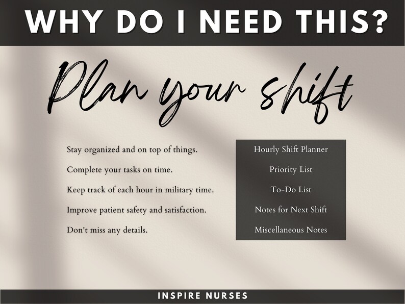 May include: A beige and black graphic with the text "WHY DO I NEED THIS?" and "Plan your shift." The image lists benefits of using a shift planner, including staying organised and completing tasks on time. It also includes a list of planner features.