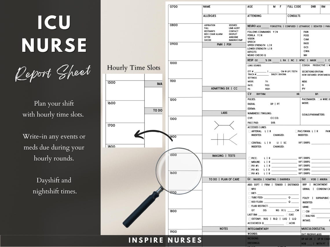 Icu Rounding ICU Nurse Report Sheet With Hourly Rounding, ICU Nursing Report Sheet ...