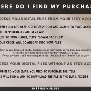 May include: Instructions on how to access digital files purchased on Etsy. The text provides steps for accessing files via an Etsy account and without one. The image uses a dark grey and white colour scheme.