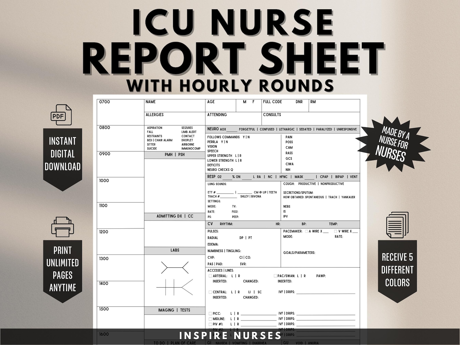 ICU Nurse Report Sheet With Hourly Rounding, ICU Nursing Report Sheet ...