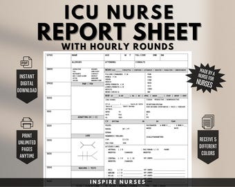 ICU Nurse Report Sheet with Hourly Rounding, ICU Nursing Report Sheet, ICU Nurse Handoff Sheet, Nurse Brain with Time Slots, Nursing Brain