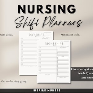 May include: Two white nursing shift planners with the text "NURSING Shift Planners". The Day Shift and Night Shift planners have a minimalist design with space for notes and priorities. The image includes the text "Crafted with detail" and "Print as many times as you need".
