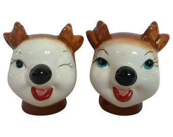 Anthropomorphic Christmas Salt & Pepper Shakers Winking Deer Vintage Style NEW!