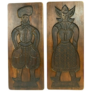 Vintage Dutch Wooden Speculaas Speculaasplank Cookie Woman Man Molds 20” x 8”