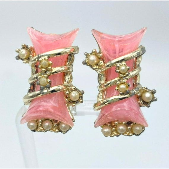 Vintage Lucite Glass Earrings Pink Faux Pearl Clip