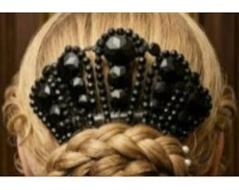 Antique Victorian Mourning Comb Jet Black Beads Beaded Faceted Spanish style