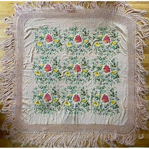 Antique Vintage Piano Shawl Embroidered Pink Silk Art Nouveau LARGE 68”x68”