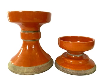 Pottery Barn Brigitte Pillar Candle Holder Orange Pair Rustic Teracotta Ceramic