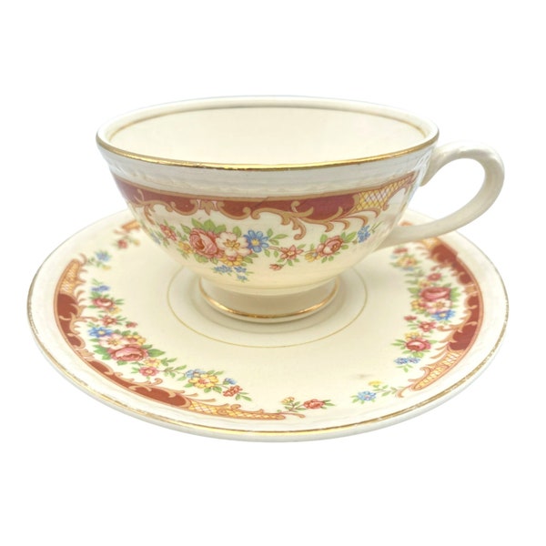 Vintage Homer Laughlin Eggshell Georgian Floral, White, Red Tea Cup & Saucer