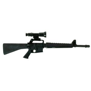 May include: A black plastic toy rifle featuring a mounted scope on the top rail, a textured pistol grip, a solid stock, and a front sight post. The toy weapon has a matte finish and a long barrel extending from the main body of the rifle.