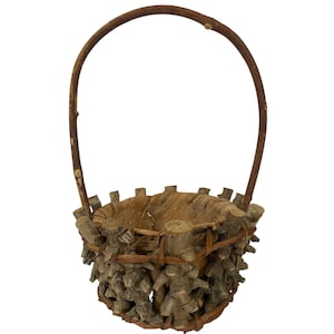 Antique Primitive Folk Art Adirondack Twig Bark Mushroom Foraging Basket Rustic