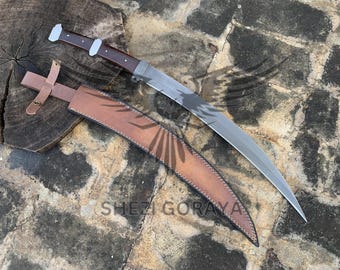 Ręcznie robiony miecz pełnotrzpieniowy ze stali D2: czarne ostrze, skórzana pochwa