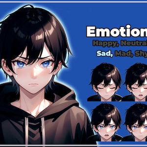 May include: Digital illustration of an anime-style character with black hair and blue eyes, expressing sadness with tears. The image includes the word "Emotions" and lists "Happy, Neutral, Sad, Mad, Shy."