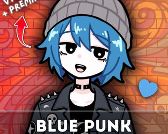 Puede incluir: Una ilustración digital de un personaje con pelo corto azul que lleva un gorro gris, una chaqueta negra con tachuelas y una gargantilla negra. El personaje tiene la cara blanca sobre un fondo de ladrillo naranja con el texto VTUBER + PREMADE y BLUE PUNK.