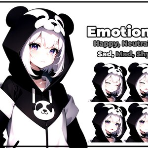 Puede incluir: Una ilustraci&oacute;n digital de una chica con cabello blanco que lleva una sudadera con capucha de panda en blanco y negro. La chica se muestra con diferentes expresiones faciales: triste, enojada, t&iacute;mida, feliz y neutral. El texto "Emotions" est&aacute; escrito sobre la cabeza de la chica, y el texto "Happy, Neutral, Sad, Mad, Shy" est&aacute; escrito debajo de la cabeza de la chica.