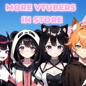 Puede incluir: Cuatro personajes de anime con diferentes peinados y atuendos. Los personajes llevan sudaderas con capucha, un vestido blanco y negro y una sudadera con capucha negra. El texto "MORE VTUBERS IN STORE" se muestra en letras rosas en la parte superior de la imagen.