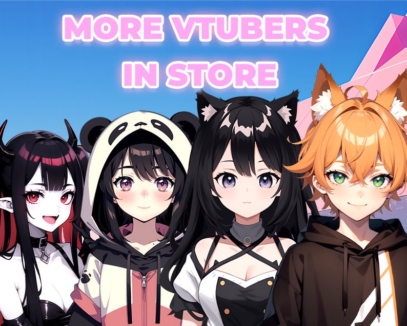 Puede incluir: Cuatro personajes de anime con diferentes peinados y atuendos. Los personajes llevan sudaderas con capucha, un vestido blanco y negro y una sudadera con capucha negra. El texto "MORE VTUBERS IN STORE" se muestra en letras rosas en la parte superior de la imagen.