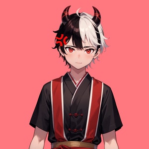 Op de afbeelding: Een jonge persoon met zwart en wit haar, die een zwart-rode kimono draagt met een rode boze emoji op hun voorhoofd. Ze hebben rode ogen en hoorns.