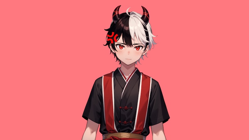 Op de afbeelding: Een jonge persoon met zwart en wit haar, die een zwart-rode kimono draagt met een rode boze emoji op hun voorhoofd. Ze hebben rode ogen en hoorns.